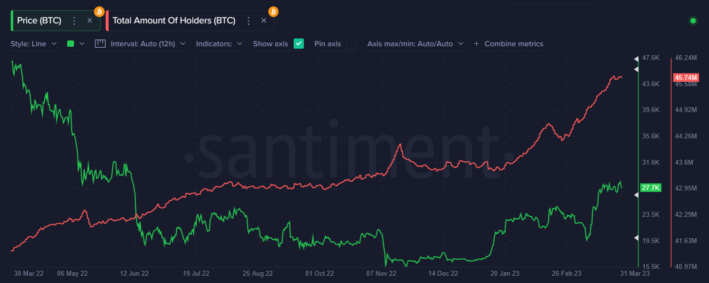 Bitcoin (BTC) Price 
Bitcoin (BTC) Total Amount Of Holders 
March 2023 