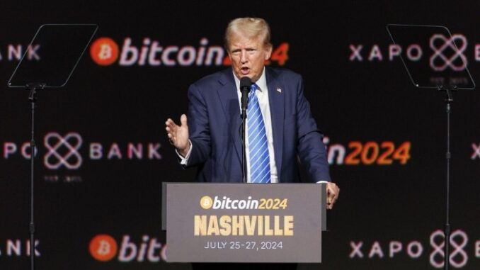 Former US President Donald Trump speaks at the Bitcoin 2024 conference in Nashville